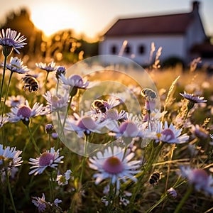 bee and butterfly on wild field floral sunny field meadow ,daisies, cornflowers,lavender ,poppy flowers