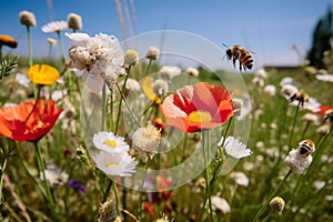 bee and butterfly on wild field floral sunny field meadow ,daisies, cornflowers,lavender ,poppy flowers