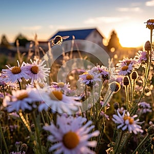 bee and butterfly on wild field floral sunny field meadow ,daisies, cornflowers,lavender ,poppy flowers