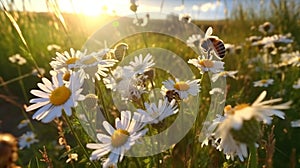 bee and butterfly on wild field floral sunny field meadow ,daisies, cornflowers,lavender ,poppy flowers