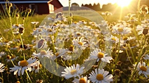 bee and butterfly on wild field floral sunny field meadow ,daisies, cornflowers,lavender ,poppy flowers