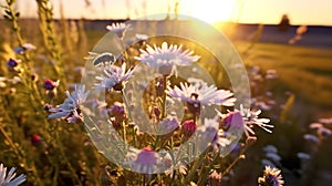 bee and butterfly on wild field floral sunny field meadow ,daisies, cornflowers,lavender ,poppy flowers