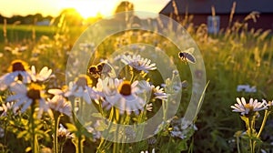 bee and butterfly on wild field floral sunny field meadow ,daisies, cornflowers,lavender ,poppy flowers