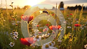 bee and butterfly on wild field floral sunny field meadow ,daisies, cornflowers,lavender ,poppy flowers