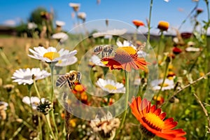 bee and butterfly on wild field floral sunny field meadow ,daisies, cornflowers,lavender ,poppy flowers