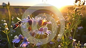 bee and butterfly on wild field floral sunny field meadow ,daisies, cornflowers,lavender ,poppy flowers