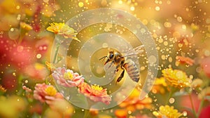 A bee buzzing around a variety of flowers leaving behind a trail of golden pollen as it moves from one to the next.