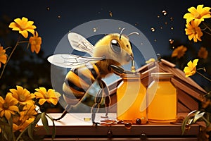 Bee character relaxes on hive, waves by honey jars, honeybees flutter countryside delight