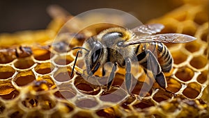 bee close on honeycomb beeswax