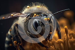 bee close up macro shot on a flower with black background insect of honey closeup, bee with pollen super close-up
