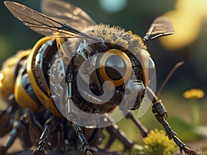 A bee close up, partial body part of a robotic device