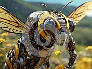 A bee close up, partial body part of a robotic device