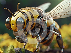 A bee close up, partial body part of a robotic device