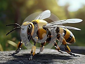 A bee close up, partial body part of a robotic device