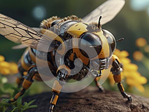 A bee close up, partial body part of a robotic device