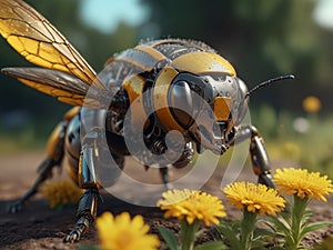 A bee close up, partial body part of a robotic device