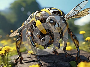 A bee close up, partial body part of a robotic device