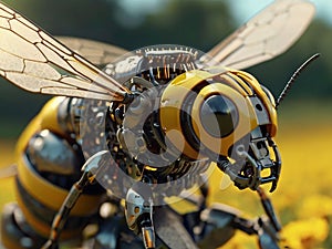 A bee close up, partial body part of a robotic device