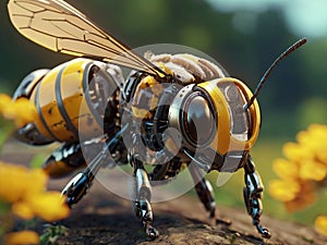 A bee close up, partial body part of a robotic device