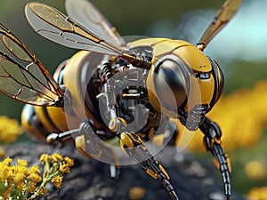 A bee close up, partial body part of a robotic device
