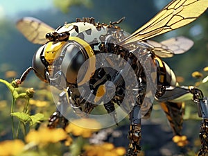 A bee close up, partial body part of a robotic device