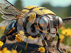 A bee close up, partial body part of a robotic device