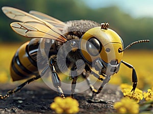 A bee close up, partial body part of a robotic device