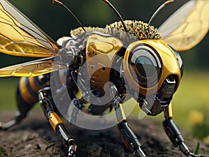 A bee close up, partial body part of a robotic device