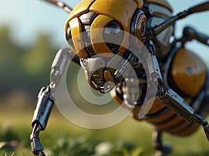 A bee close up, partial body part of a robotic device