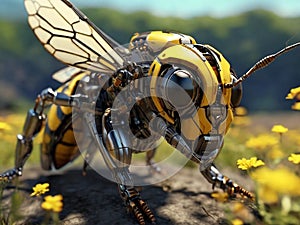 A bee close up, partial body part of a robotic device