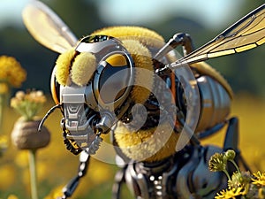 A bee close up, partial body part of a robotic device