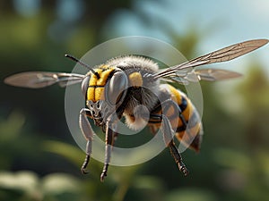 A bee close up, partial body part of a robotic device