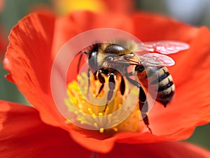 Bee collecting nectar from red poppy flower with fuzzy body and delicate wings in sharp focus against blurred background