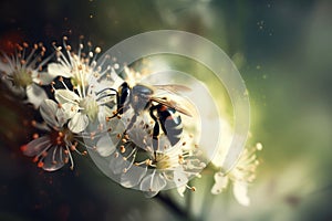 Bee collecting pollen from flowers AI generated