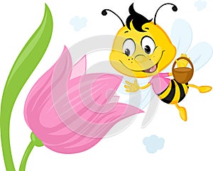 Bee Collects Honey From a Tulip -  Vector Illustration