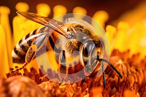 A bee collects nectar from a yellow flower. Super macro photo.