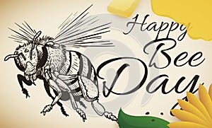 Bee Draw, Scroll, Seeds, Flower and Honey for Bee Day, Vector Illustration