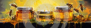 Bee and dripping honey. 3D illustration. Flying bees carried jars of honey. Drops of honey run down the jar.