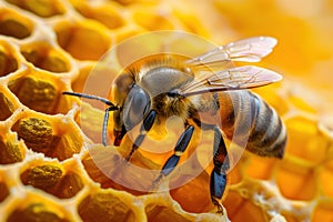 Bee are eating sweet golden honey while seated on frame that contains honeycombs filled with nectar.