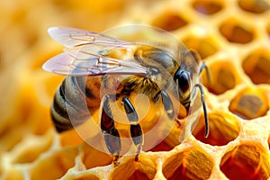 Bee eats golden honey while sitting on frame filled with honeycombs