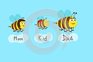 Bee family, cute flying bees isolated on blue background vector illustration. Wear fashion print, funny cartoon character