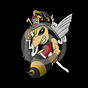 Bee firefighter with a hose and an ax. Illustration on a black background