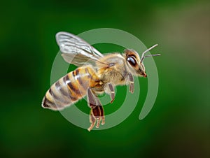 A bee in flight, isolated on green background