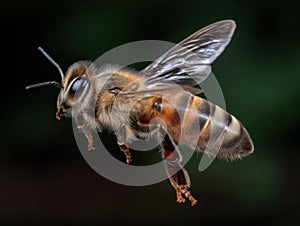 A bee in flight, isolated on green background