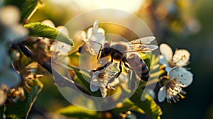 Bee on the flower of a cherry tree in the rays of the setting sun Generative AI