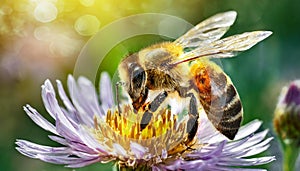 Bee and flower. Close up of a large striped bee collects honey on a flower on a Sunny bright