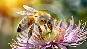 Bee and flower. Close up of a large striped bee collects honey on a flower on a Sunny bright