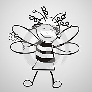 Bee with flower, girl, contour drawing, line art, eps.