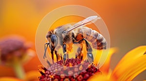 A bee is on a flower with orange petals