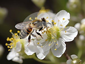 Bee on a flower of a white cherry blossom close-up. Made with Generative AI